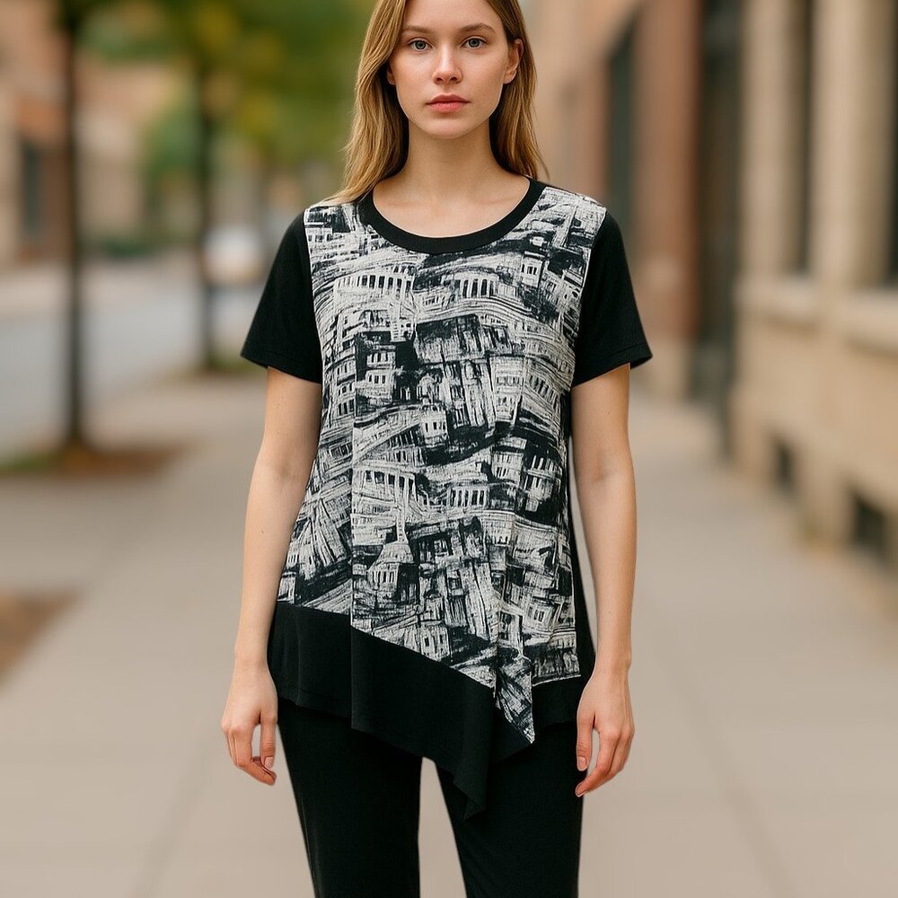Asymmetrical Global Landmarks Graphic Red Coral Tunic Size XL